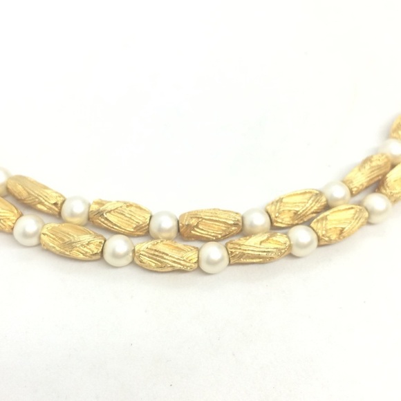 VINTAGE MID CENTURY MODERN MCM NECKLACE BRUSHED GOLD TONE PEARL DOUBLE STRAND - Picture 9 of 16